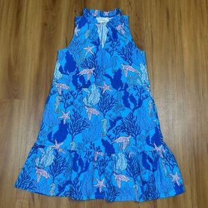 Pappagallo Blue Pink Sea Life Ocean Print Ruffle Midi Dress V-Neck Sleeveless S